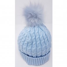 KIDS6216SKY: Baby Cable Knit Fur Pom Hat- Sky (0-6 Months)